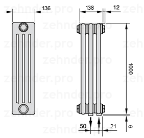 Схема (чертеж) Радиатор Zehnder Charleston 4100/3 №5510 Белый глянцевый RAL 9016